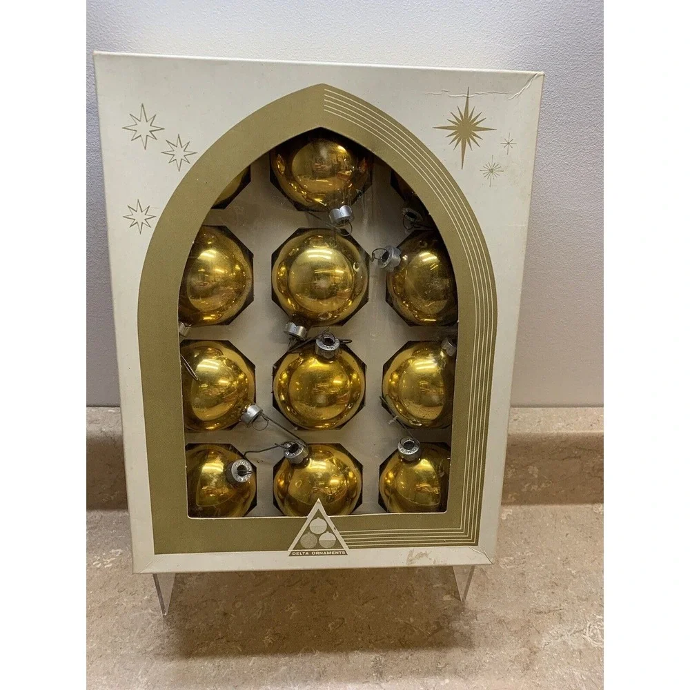 Vintage Delta Glass‎ Gold Christmas Ornaments in Box!